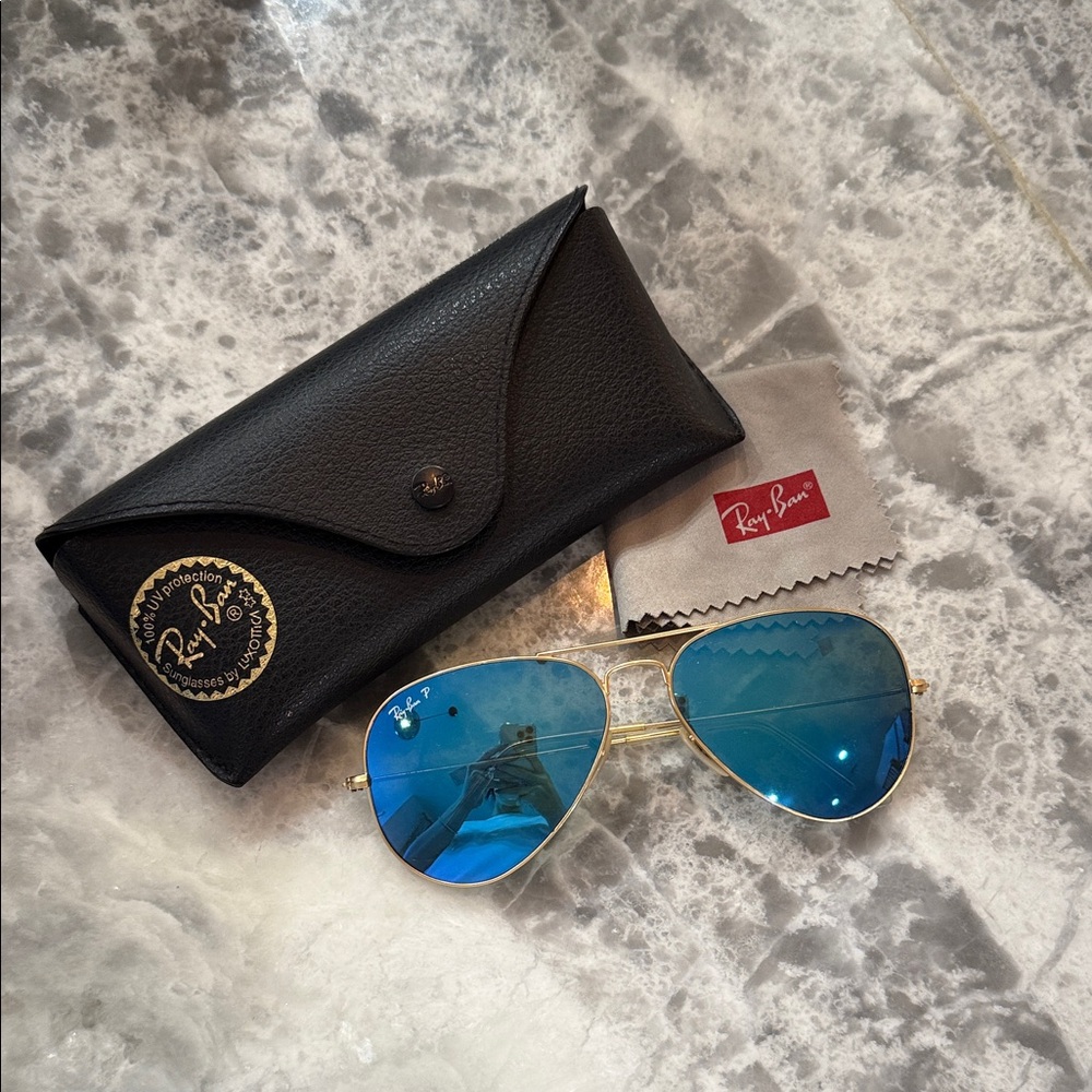 Polarized Ray-Ban Gold Frame Sunglasses with Blue Lenses